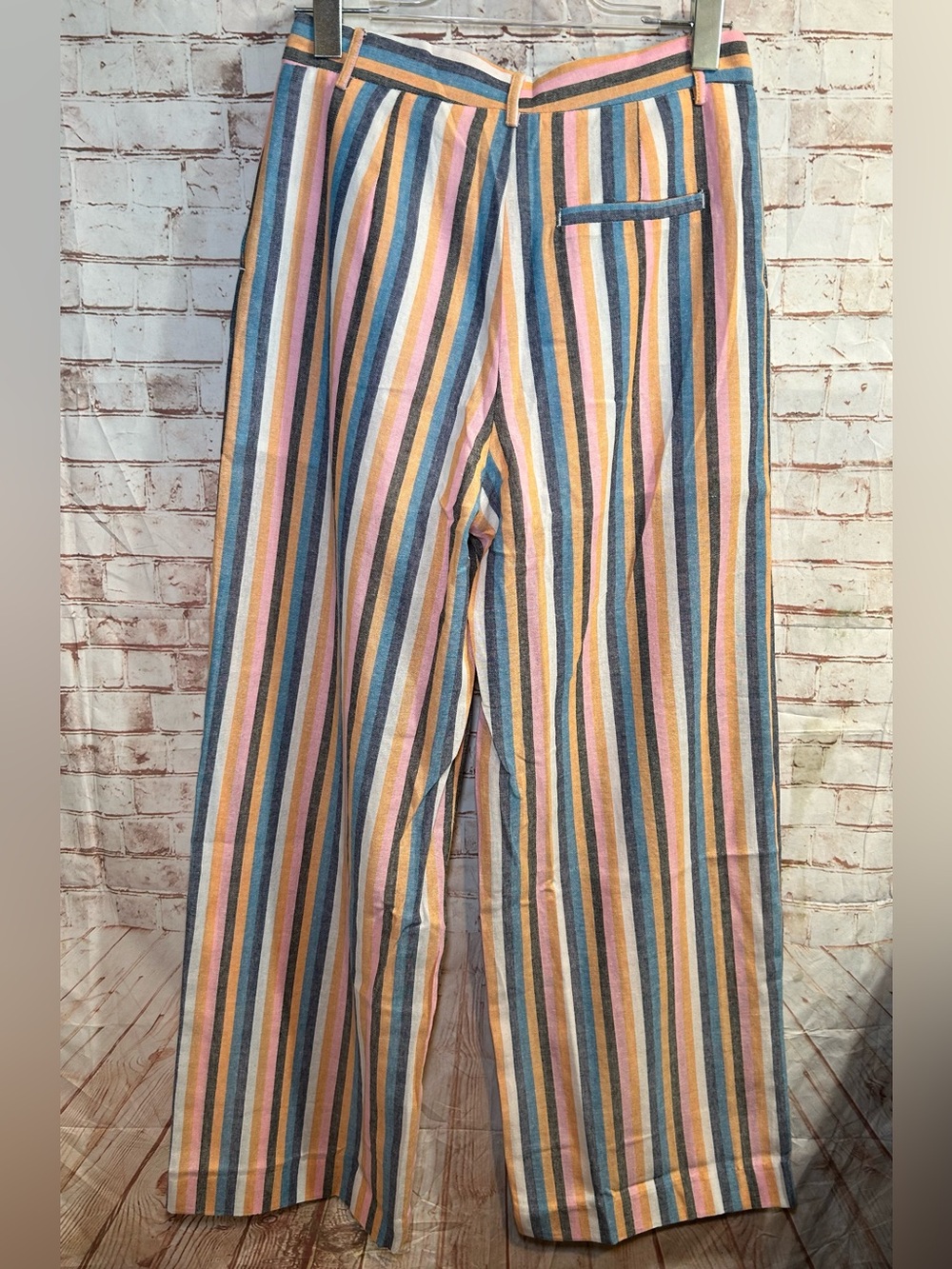 Striped Wide Leg‎ Linen-Blend Pants in Pastel Pink/ Blue Multi I Size Small - Picture 6 of 6